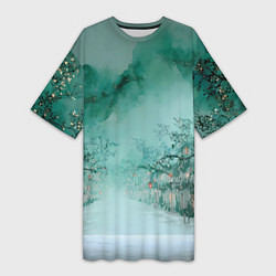 Женская длинная футболка Новогодняя туманная улица