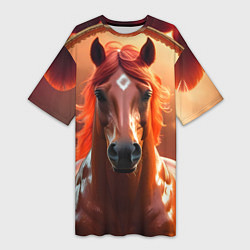 Женская длинная футболка Огненная лошадь на коричневом фоне