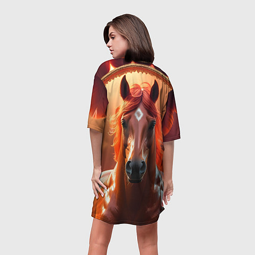 Женская длинная футболка Огненная лошадь на коричневом фоне / 3D-принт – фото 4