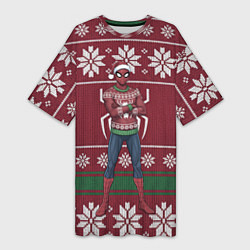 Женская длинная футболка Человек паук в вязаном свитере - новый год