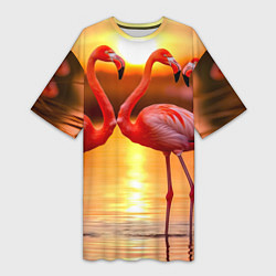 Женская длинная футболка Розовый закат с фламинго
