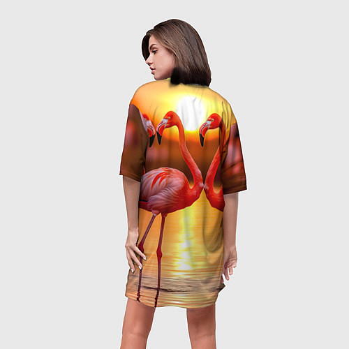 Женская длинная футболка Розовый закат с фламинго / 3D-принт – фото 4