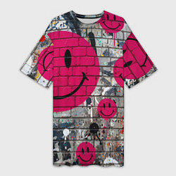 Футболка женская длинная Розовые смайлы граффити, цвет: 3D-принт