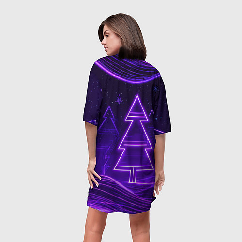 Женская длинная футболка 2026 новогодняя лошадка на фоне фиолетовых елок / 3D-принт – фото 4