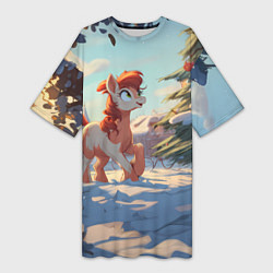 Женская длинная футболка Лошадка любуется елкой