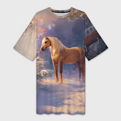 Женская длинная футболка Лошадка в новогоднем лесу