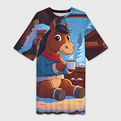 Женская длинная футболка Лошадка у камина