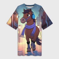 Женская длинная футболка Лошадка в шарфе и наушниках