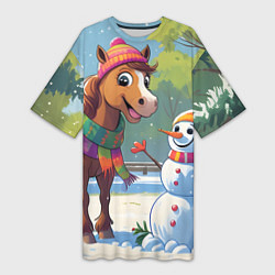 Женская длинная футболка Лошадка и снеговик