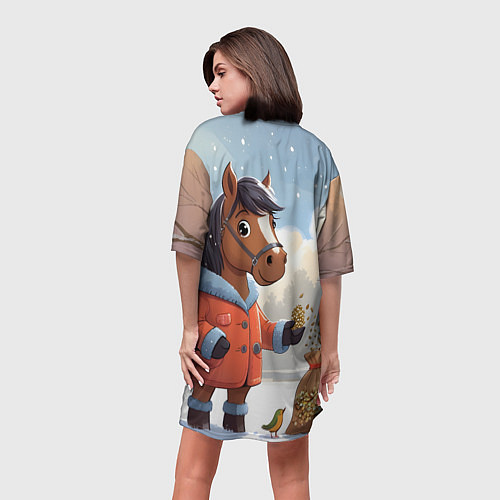 Женская длинная футболка Лошадка на зимней прогулке / 3D-принт – фото 4