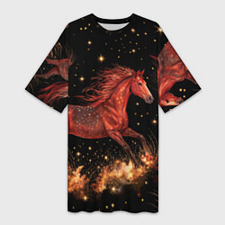 Футболка женская длинная Огненные лошади - паттерн, цвет: 3D-принт