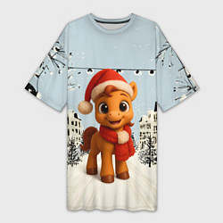 Женская длинная футболка Милая новогодняя лошадка с шарфом