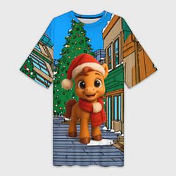 Женская длинная футболка Новогодняя лошадка и елка