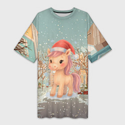 Женская длинная футболка Маленькая новогодняя милая лошадка