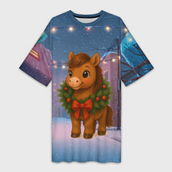 Женская длинная футболка Лошадка с новогоднем венком 2026