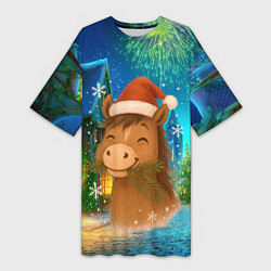 Женская длинная футболка Новогодняя лошадка жует елочные ветки