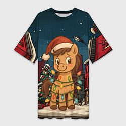 Женская длинная футболка Лошадка в новогодней гирлянде