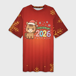 Женская длинная футболка Новогодняя лошадка 2026 на красном фоне