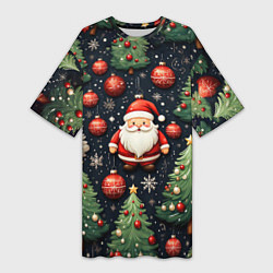 Женская длинная футболка Новый год паттерн Дед мороз