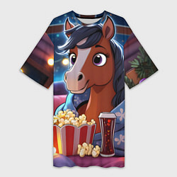 Женская длинная футболка Новогодняя лошадка с попкорном