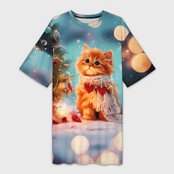 Женская длинная футболка Рыжий маленький новогодний котенок
