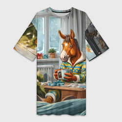 Футболка женская длинная Лошадка встречает Новый год дома, цвет: 3D-принт