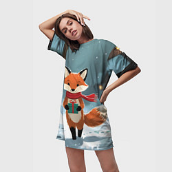 Футболка женская длинная Лисичка с подарком зимой, цвет: 3D-принт — фото 2