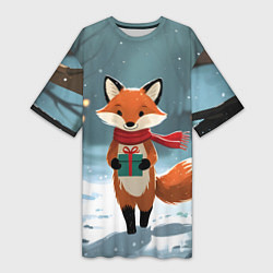 Женская длинная футболка Лисичка с подарком зимой