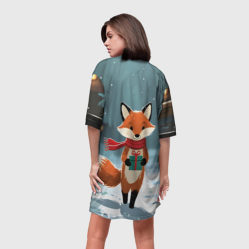 Женская длинная футболка Лисичка с подарком зимой / 3D-принт – фото 4