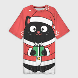 Женская длинная футболка Новогодний котик с подарком