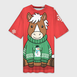 Женская длинная футболка Новогодняя лошадка в зеленом свитере