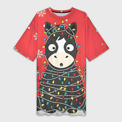 Женская длинная футболка Лошадка в новогодних огоньках