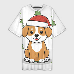 Женская длинная футболка Новогодняя собачка в шапочке