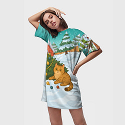 Футболка женская длинная Толстый кот уронил елку, цвет: 3D-принт — фото 2