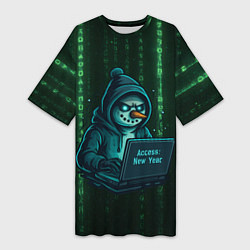 Женская длинная футболка Снеговик - хакер взламывает Новый год