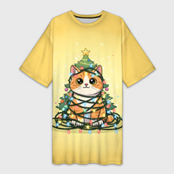 Женская длинная футболка Новогодний котик в гирлянде