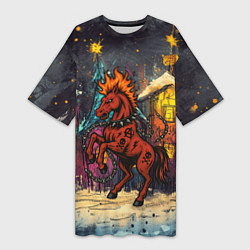 Женская длинная футболка Красная огненная лошадь панк в городе