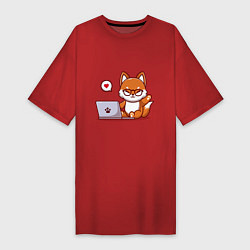 Футболка женская-платье Cute fox and laptop, цвет: красный