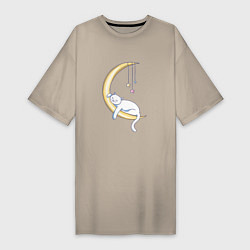 Женская футболка-платье Спящий на луне кот