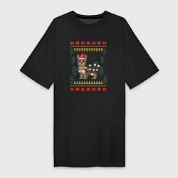 Футболка женская-платье Рождественский свитер Йоркшик, цвет: черный