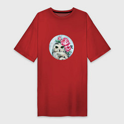 Футболка женская-платье Полярная сова с цветами Акварель, цвет: красный