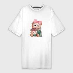 Женская футболка-платье Мишка с подарками с валентинками