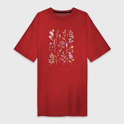 Футболка женская-платье Акварельный рисунок растений, цвет: красный