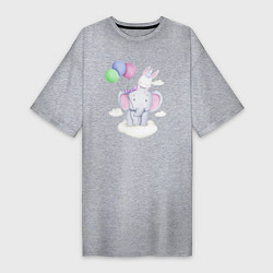 Женская футболка-платье Милый Слонёнок и Крольчонок На Облаке