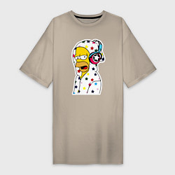 Женская футболка-платье Гомер Симпсон в звёздном балахоне и в наушниках