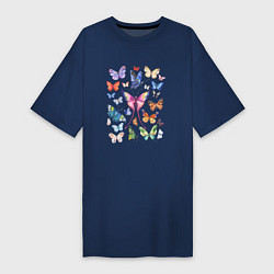 Футболка женская-платье Волшебные бабочки акварелью, цвет: тёмно-синий