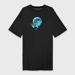 Женская футболка-платье Волк на фоне голубой луны