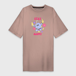 Футболка женская-платье Stay happy, планета с ромашками, цвет: пыльно-розовый