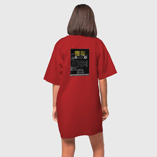 Женская футболка-платье Спортивная машина с неоновыми иероглифами / Красный – фото 4