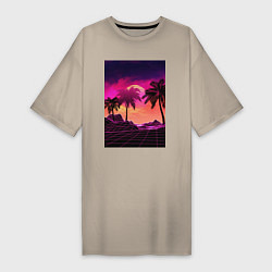Женская футболка-платье Пальмы и пляж в розовом закате